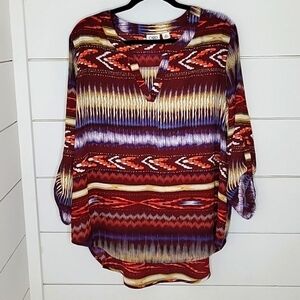 CATO XL burgundy orange white tribal print blouse
